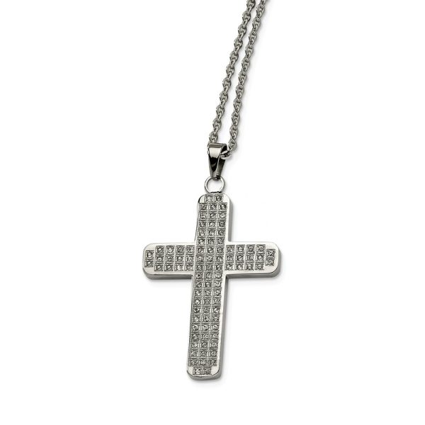 Stainless Steel Satin and Cubic Zirconia Cross Necklace - 22 Inch