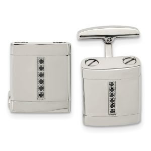 Stainless Steel & Black CZ Rectangle Cuff Links, 19 x 15mm