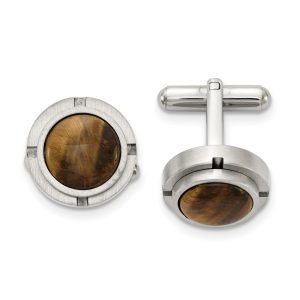 Stainless Steel & Brown Tiger's Eye Brushed Round Cuff Links, 17mm