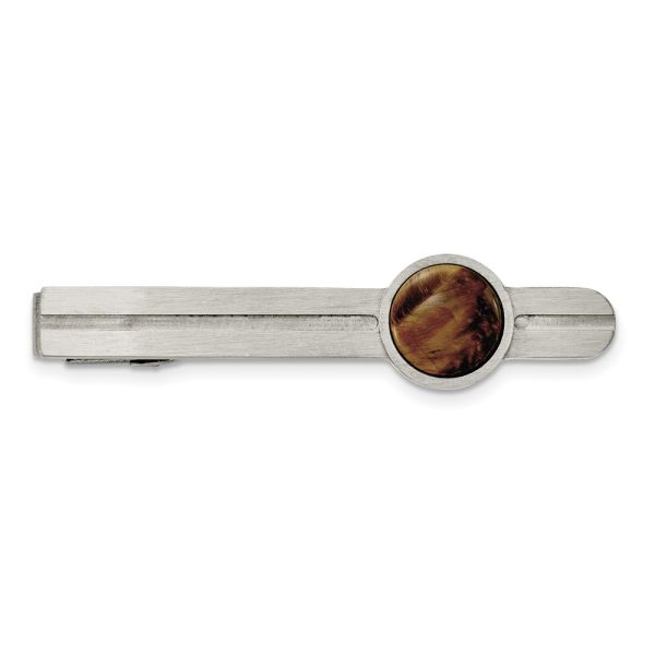 Stainless Steel & Brown Tiger's Eye Brushed Tie Bar Clip, 13 x 58mm