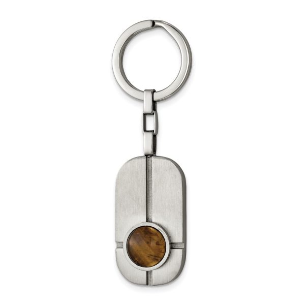 Stainless Steel & Brown Tiger's Eye Brushed & Grooved Key Chain