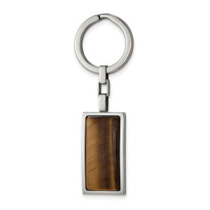 Stainless Steel & Brown Tiger's Eye Rectangle Key Chain