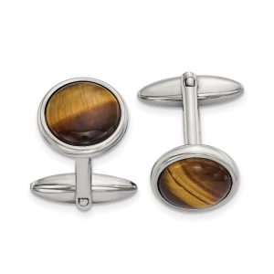 Stainless Steel & Brown Tiger's Eye Round Cuff Links, 16mm (5/8 Inch)