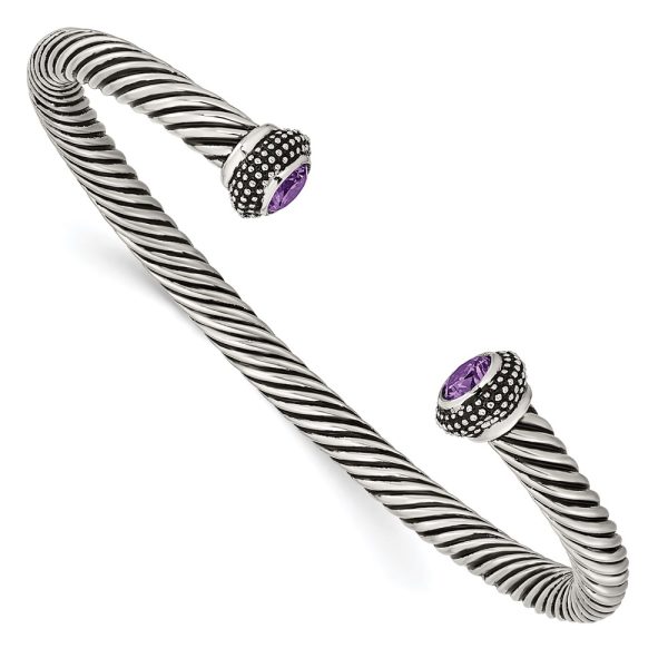 Stainless Steel & Purple Cubic Zirconia Antiqued Twisted Cuff Bracelet