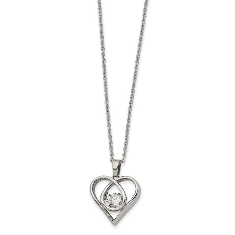 Stainless Steel and CZ 19mm Heart Necklace, 16-18 Inch