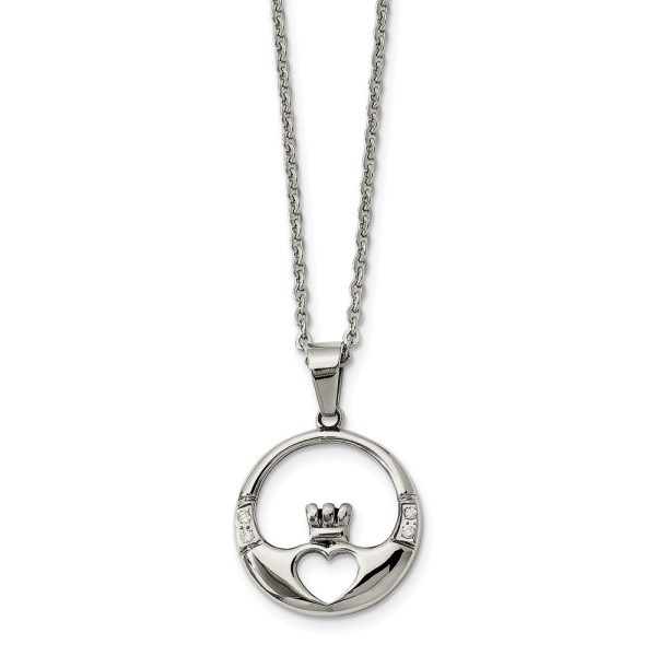 Stainless Steel and Cubic Zirconia Claddagh Pendant Necklace - 20 Inch