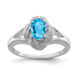 Sterling Silver .01 Ctw Diamond & Oval Blue Topaz Ring Size 5