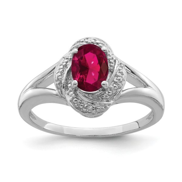 Sterling Silver .01 Ctw Diamond & Oval Created Ruby Ring Size 7