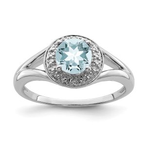 Sterling Silver .01 Ctw Diamond & Round Aquamarine Ring Size 7