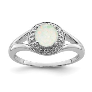 Sterling Silver .01 Ctw Diamond & Round Created Opal Ring Size 5