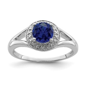 Sterling Silver .01 Ctw Diamond & Round Created Sapphire Ring Size 5