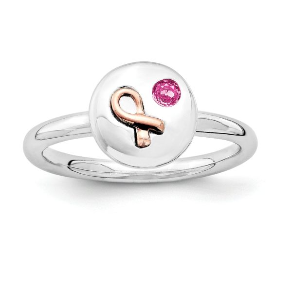 Sterling Silver 14k Rose Gold Ribbon Pink Sapphire 9mm Disc Ring Sz 6