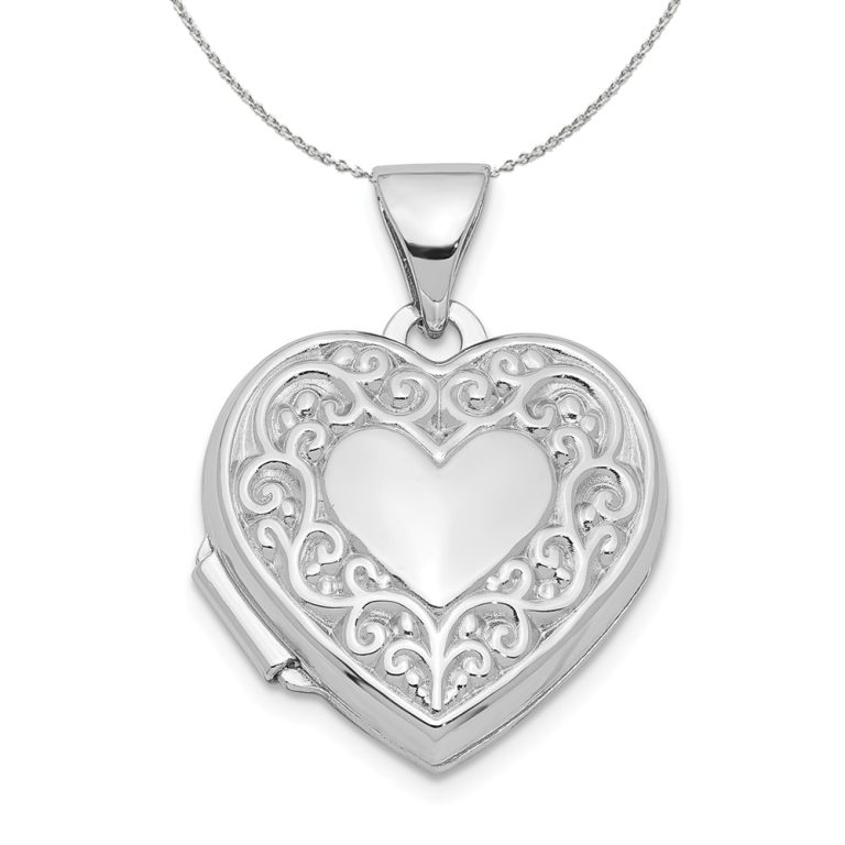 Sterling Silver 15mm Scroll Heart Locket Necklace