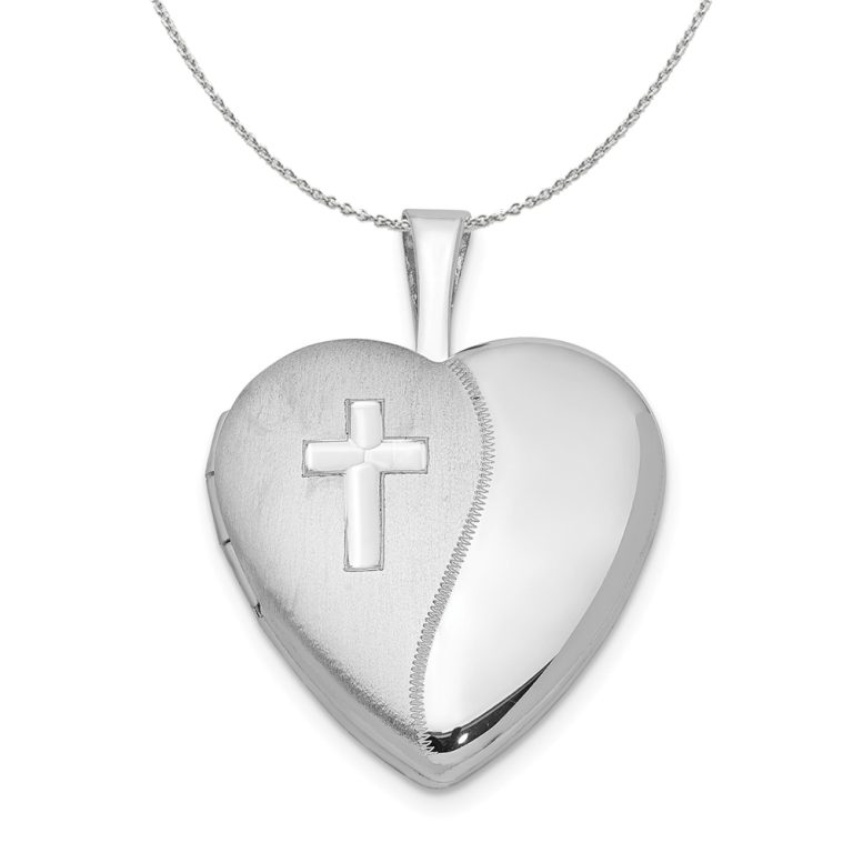 Sterling Silver 16mm Polished and Satin Heart w/ Cross Locket Necklace