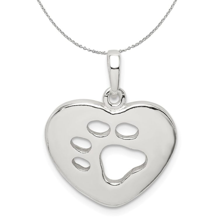 Sterling Silver 19mm Polished Heart and Paw Print Necklace