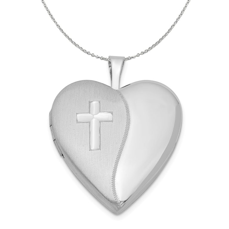 Sterling Silver 20mm Polished and Satin Heart w/ Cross Locket Necklace