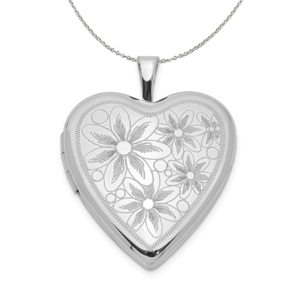 Sterling Silver 20mm Textured Daisies Heart Locket Necklace