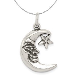 Sterling Silver 2D Antiqued Crescent Moon and Star Necklace