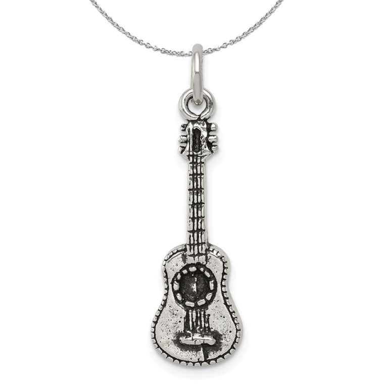 Sterling Silver 3D Antiqued Acoustic Guitar Necklace