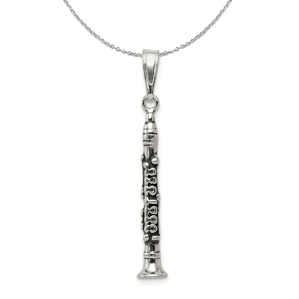 Sterling Silver 3D Antiqued Clarinet Necklace