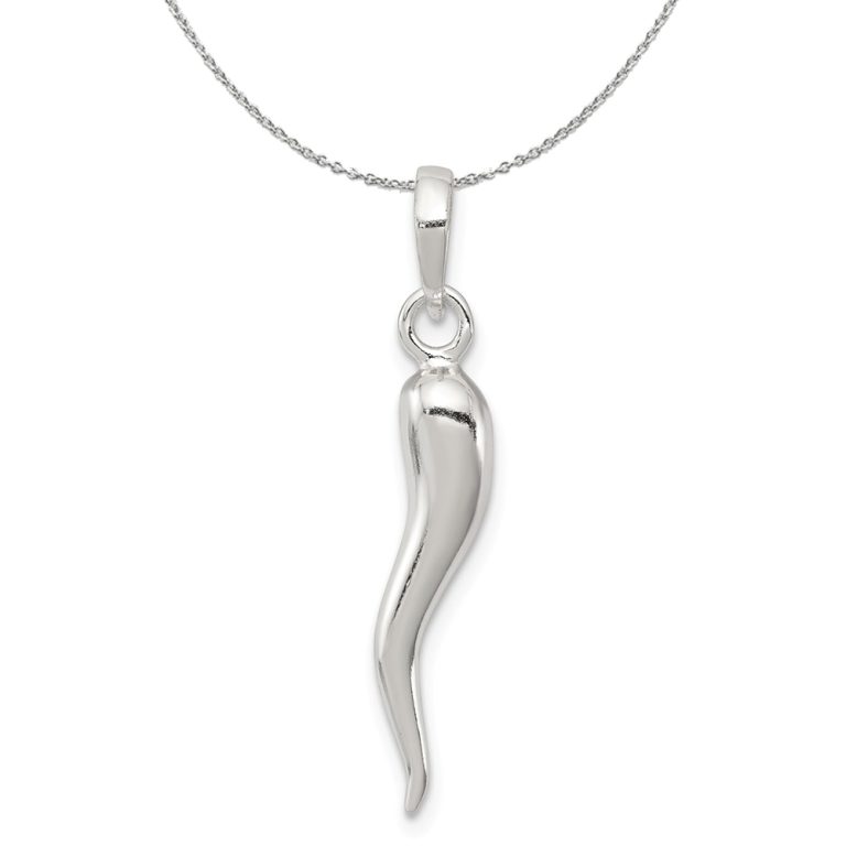 Sterling Silver 3D Polished Italian Horn 5 x 30mm Necklace