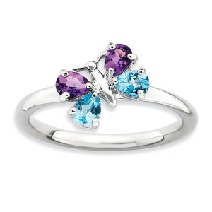 Sterling Silver, Amethyst & Blue Topaz Butterfly Stackable, Size 5