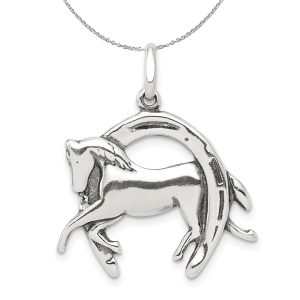 Sterling Silver Antiqued 3D Horse and Horseshoe Necklace