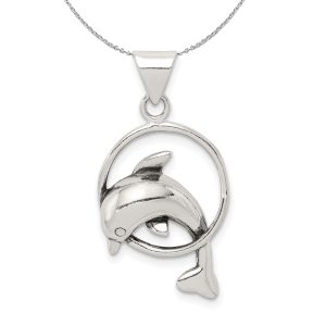 Sterling Silver Antiqued Dolphin and Hoop Necklace