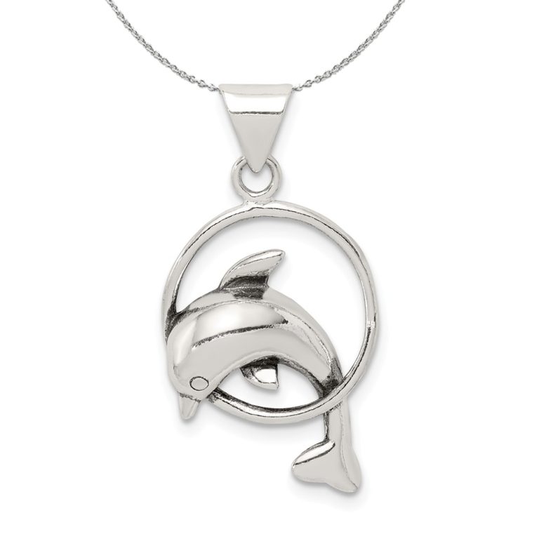 Sterling Silver Antiqued Dolphin and Hoop Necklace