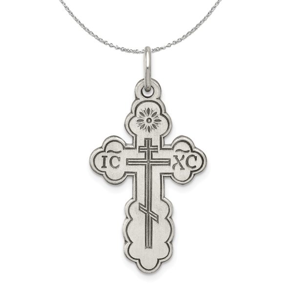 Sterling Silver Antiqued Eastern Orthodox Cross 13 x 25mm Necklace