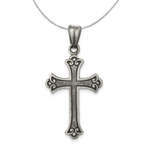 Sterling Silver Antiqued Fleur de Lis Cross Necklace