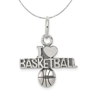 Sterling Silver Antiqued I Heart Basketball Script Necklace