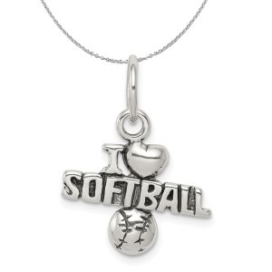 Sterling Silver Antiqued I Heart Softball Script Charm Necklace