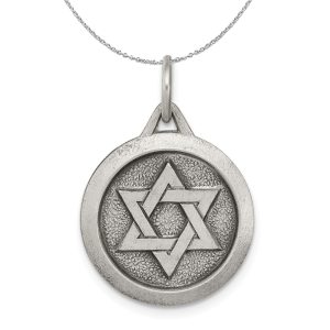 Sterling Silver Antiqued Star of David Medal, 17mm Necklace