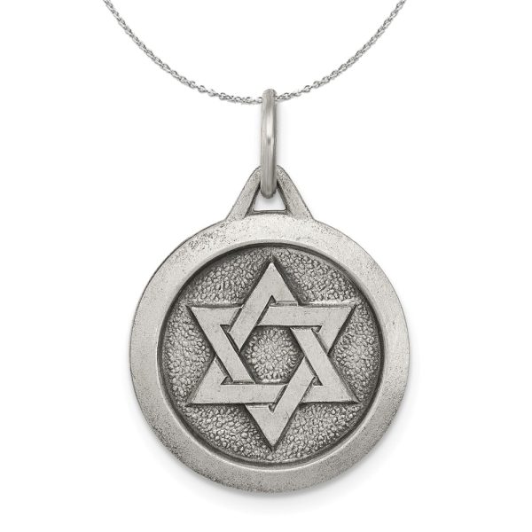 Sterling Silver Antiqued Star of David Medal, 17mm Necklace