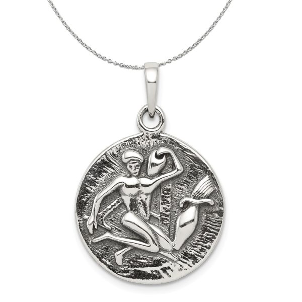 Sterling Silver Aquarius the Water Bearer Zodiac Embossed Necklace