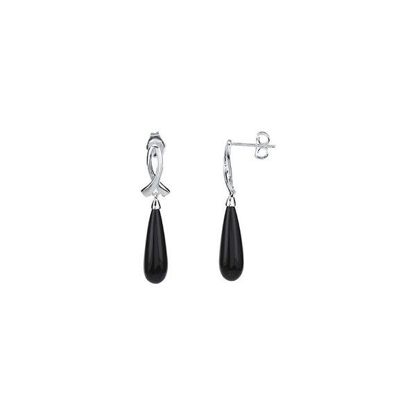 Sterling Silver Awareness Ribbon & Onyx Teardrop Dangle Post Earrings