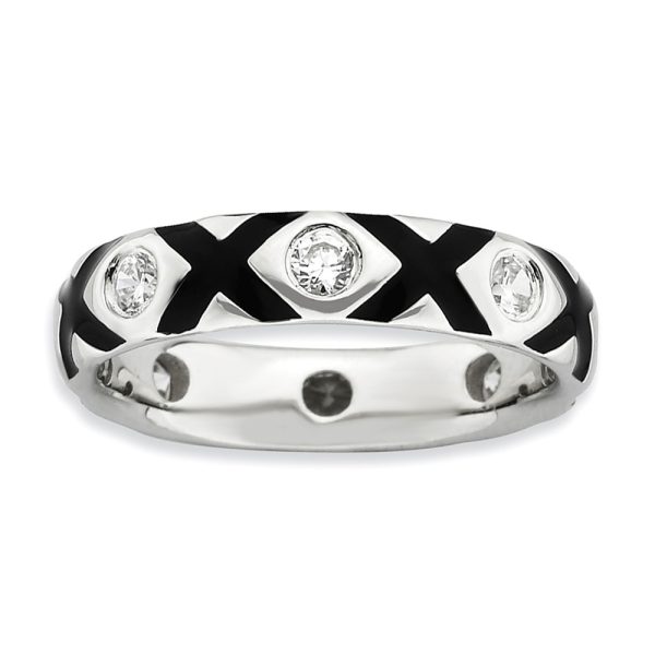 Sterling Silver, Black Enamel & CZ Hugs & Kisses Band, Size 5