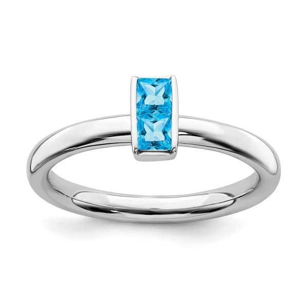 Sterling Silver Blue Topaz 2 Stone Bar Stackable Ring, Size 5