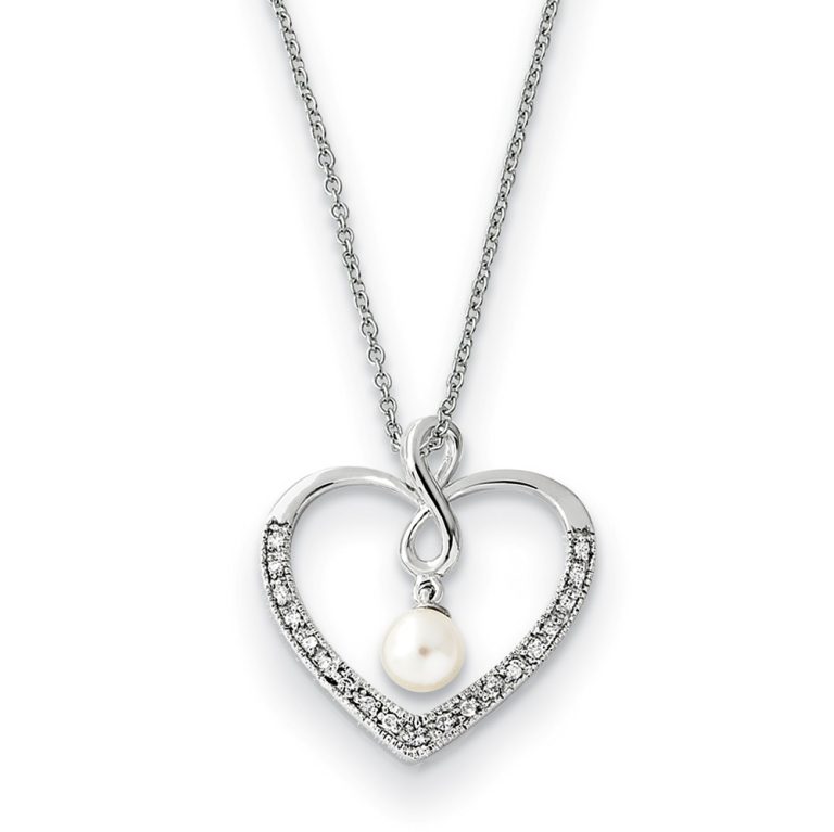 Sterling Silver, CZ & FW Cultured Pearl My Friend Heart Necklace, 18in