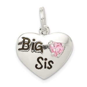 Sterling Silver, CZ and Enameled Big Sis Pink Heart Charm, 16mm