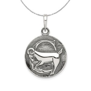 Sterling Silver Capricorn the Goat Zodiac Embossed Circle Necklace