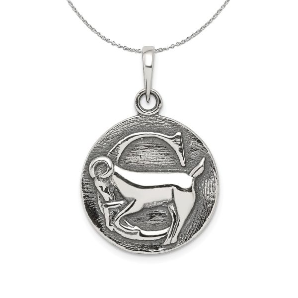 Sterling Silver Capricorn the Goat Zodiac Embossed Circle Necklace