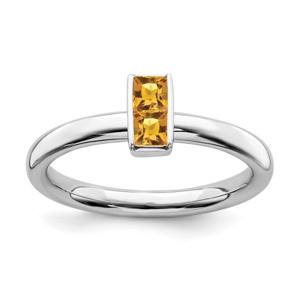 Sterling Silver Citrine 2 Stone Bar Stackable Ring, Size 10