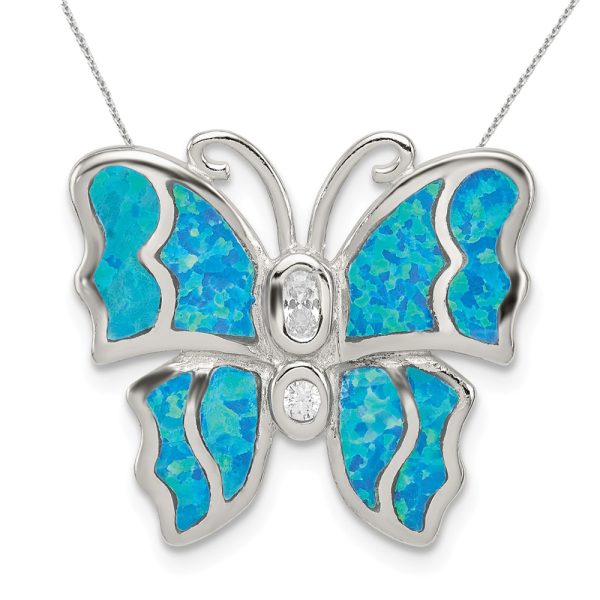 Sterling Silver, Created Opal & CZ Butterfly 20mm Necklace