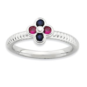 Sterling Silver Created Ruby & Created Sapphire 7mm Flower Ring, Sz 6