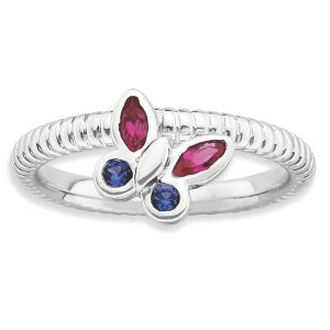 Sterling Silver Created Ruby & Created Sapphire Butterfly Ring, Sz 6