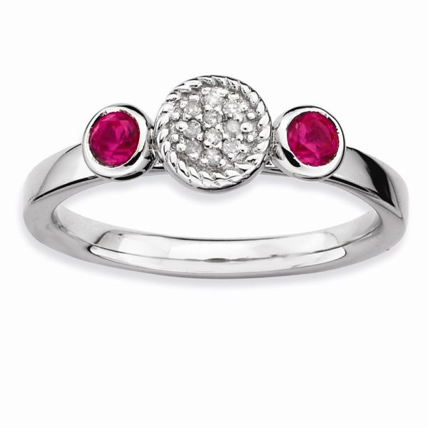 Sterling Silver Created Ruby and .05 Ctw HI/I3 Diamond Ring, Size 8