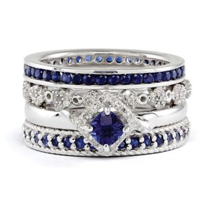 Sterling Silver, Created Sapphire & Diamond Paradise Ring Set Size 5