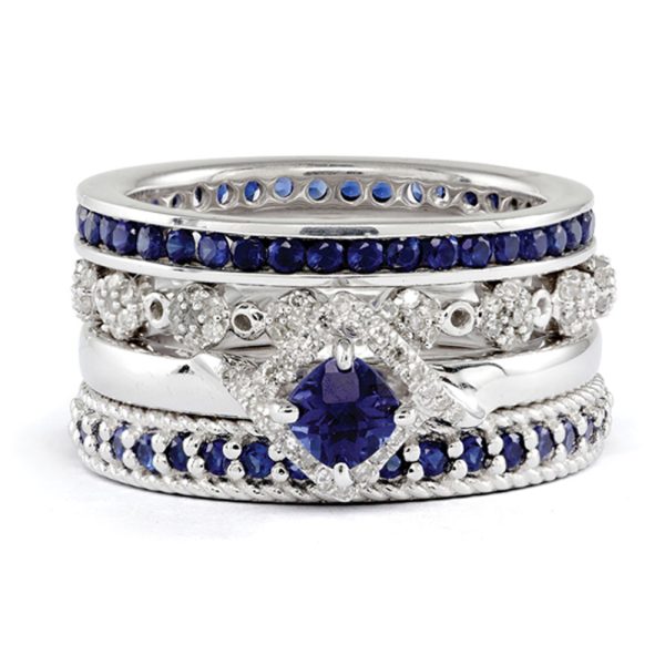 Sterling Silver, Created Sapphire & Diamond Paradise Ring Set Size 5